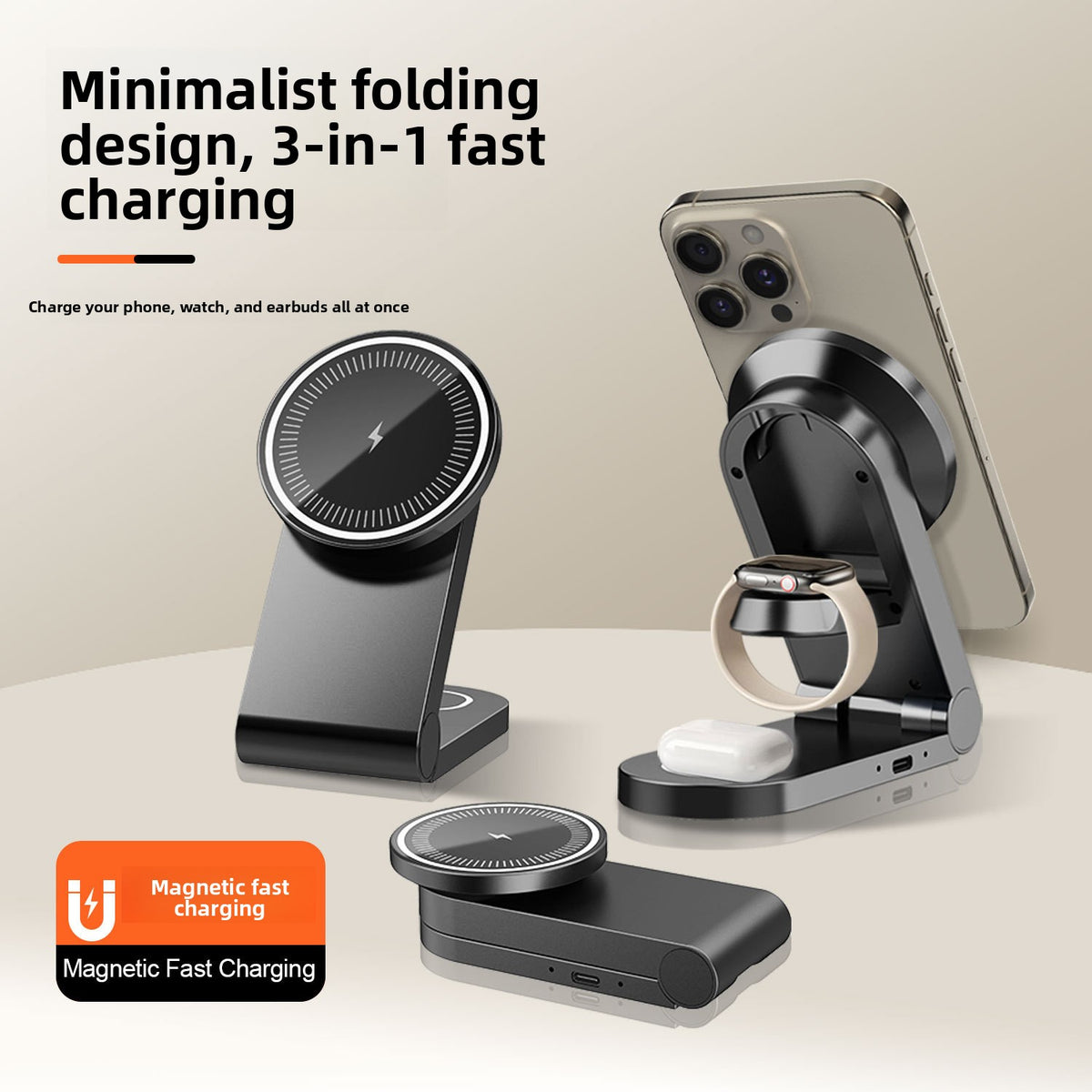 Magnetic Three-in-One Wireless Charging Stand for Phone Earphone Watch